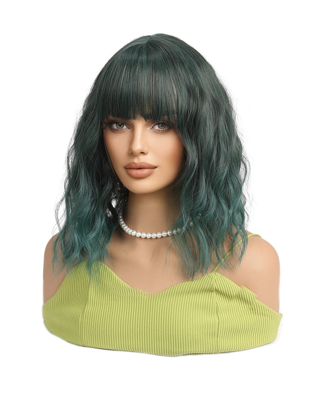 Short Wavy Synthetic Wig with Ombre Green Bangs - Image 10