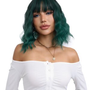 Short Wavy Synthetic Wig with Ombre Green Bangs