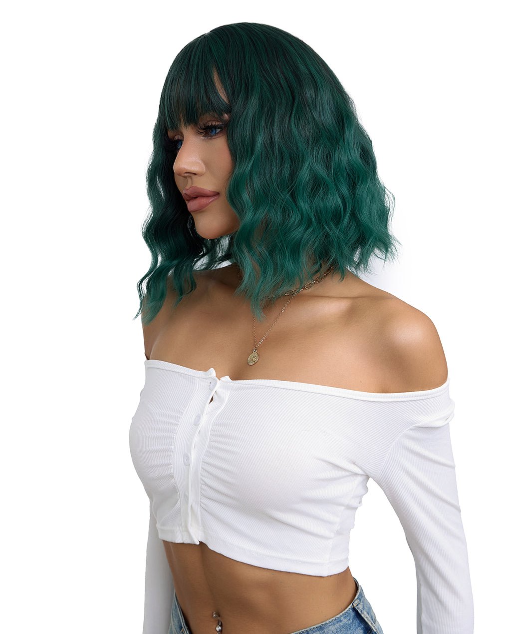 Short Wavy Synthetic Wig with Ombre Green Bangs - Image 2