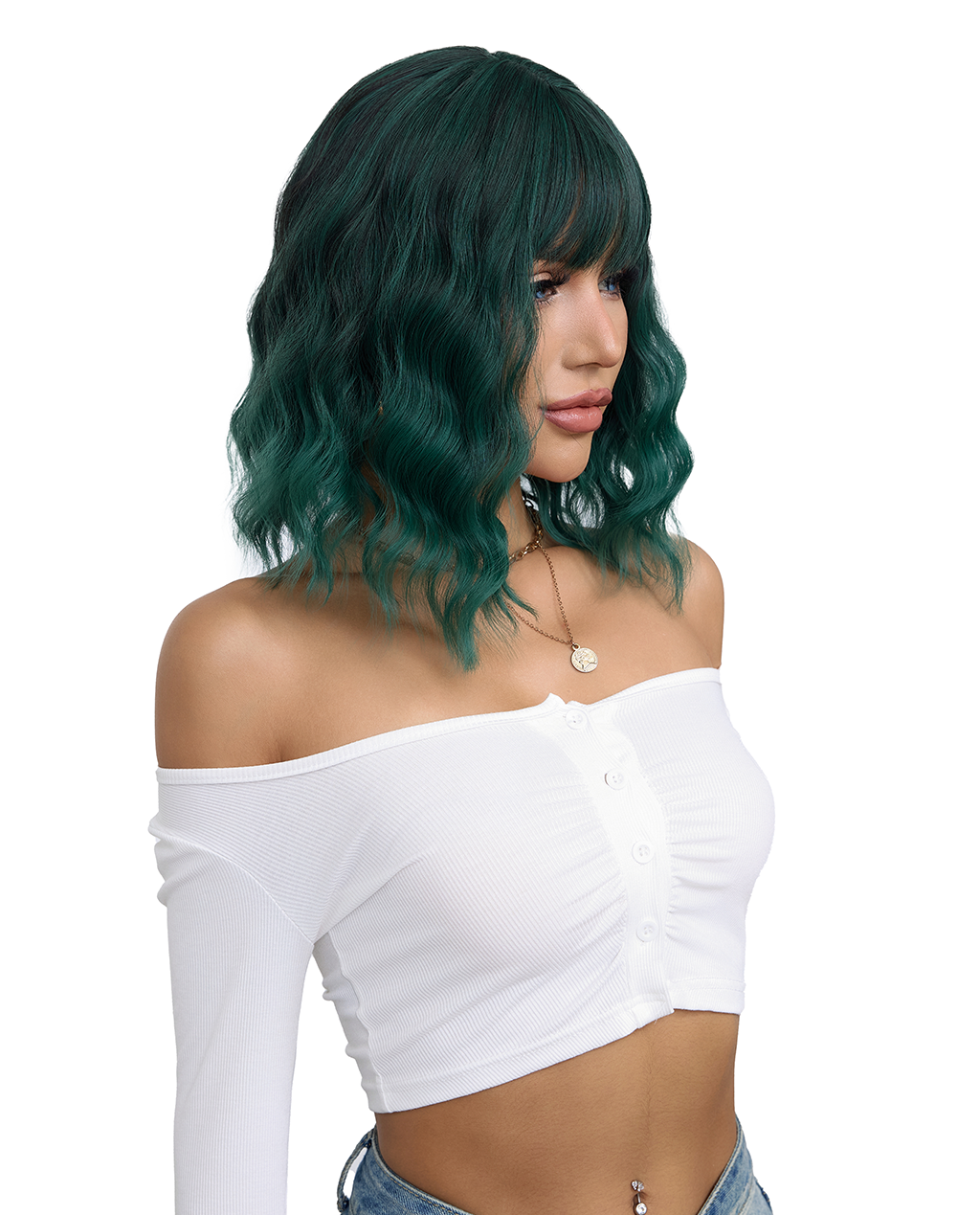 Short Wavy Synthetic Wig with Ombre Green Bangs - Image 3