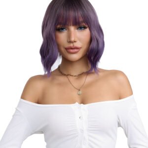 Short Wavy Synthetic Wig with Ombre Purple Bangs