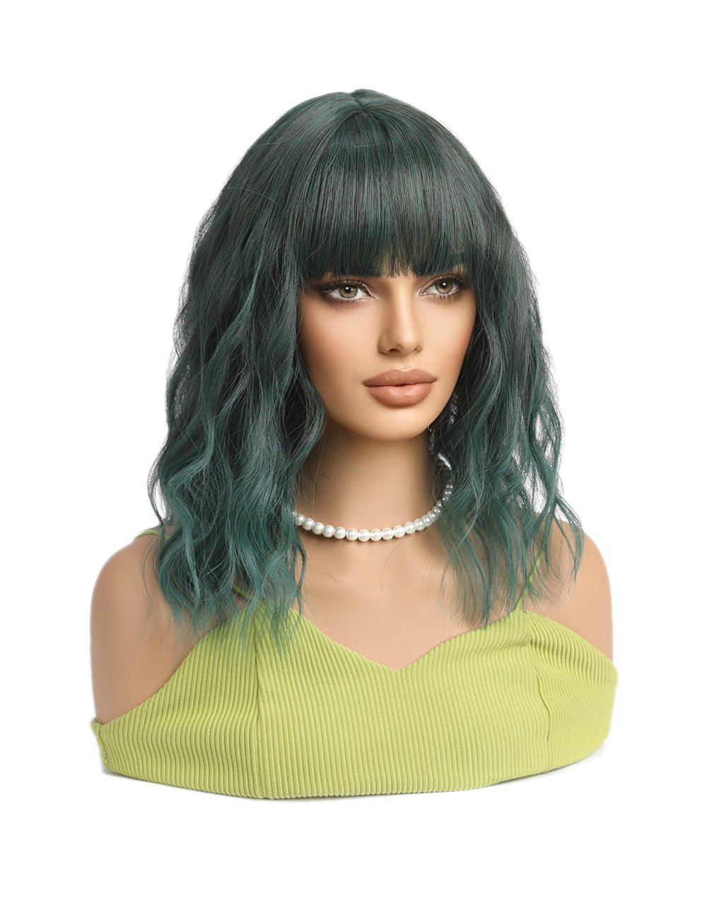 Short Wavy Synthetic Wig with Ombre Green Bangs - Image 11
