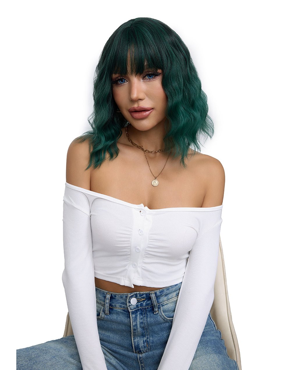 Short Wavy Synthetic Wig with Ombre Green Bangs - Image 4