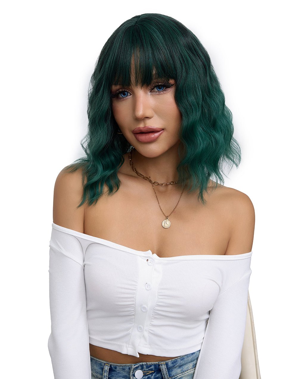 Short Wavy Synthetic Wig with Ombre Green Bangs - Image 13