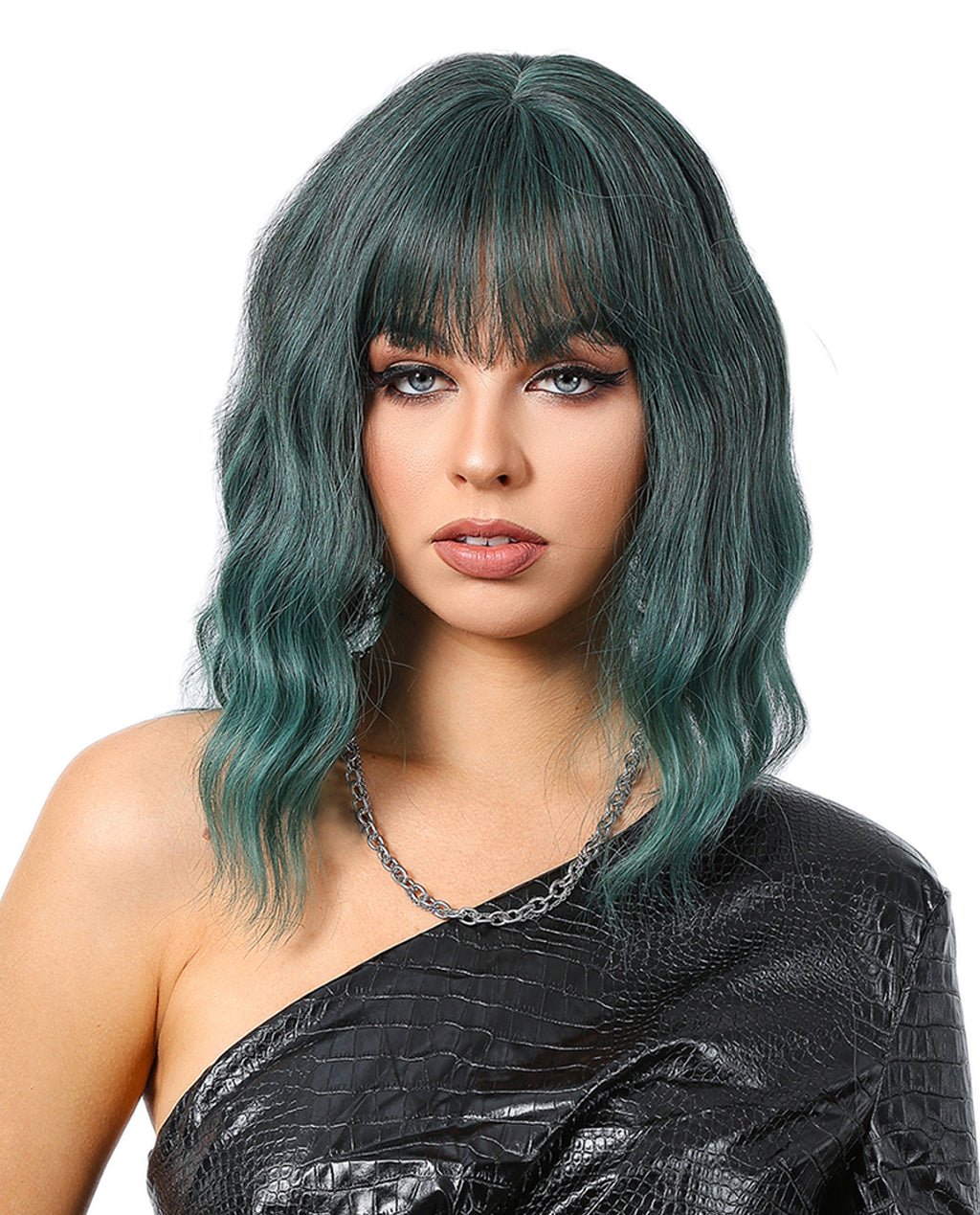Short Wavy Synthetic Wig with Ombre Green Bangs - Image 7