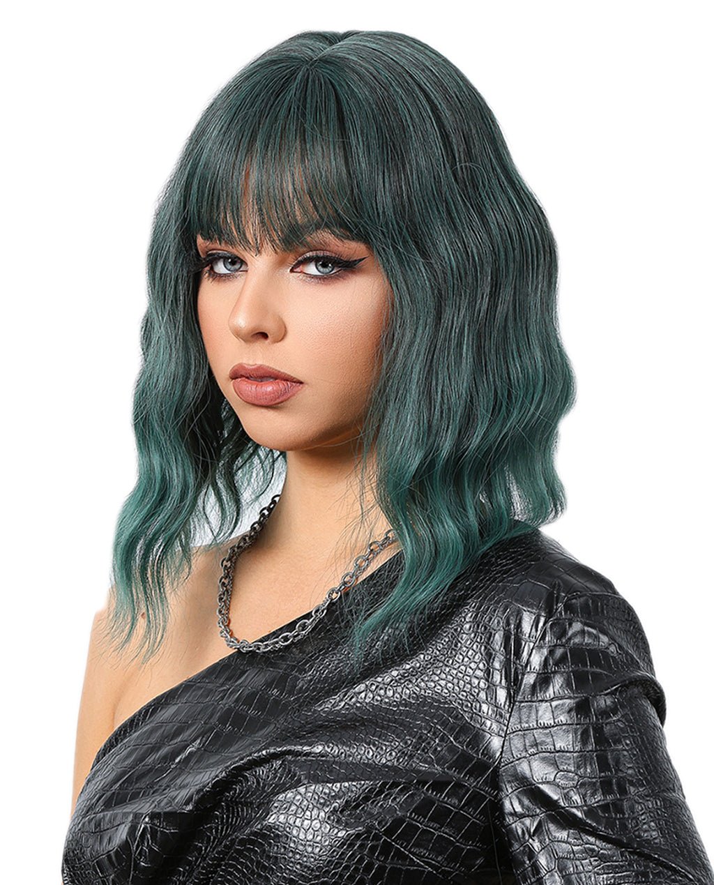 Short Wavy Synthetic Wig with Ombre Green Bangs - Image 8