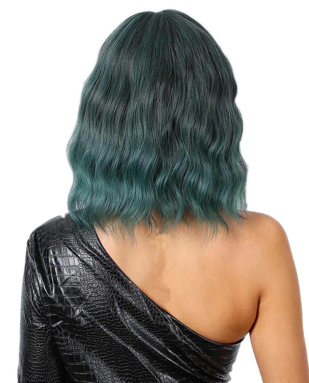 Short Wavy Synthetic Wig with Ombre Green Bangs - Image 6