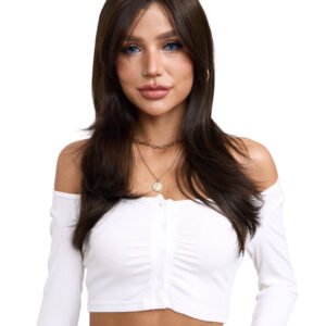 Long Synthetic Black Wig with Bangs & Dark Roots